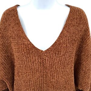 Double Zero Women’s S Rust Brown V-Neck Chenille Shaker Knit Dolman Slv Sweater